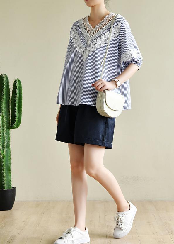 Handmade blue striped tops v neck patchwork lace Art top - SooLinen