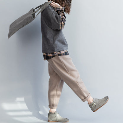 Handgemachte Baumwollkleidung Plus Size O-Ausschnitt Patchwork Form graue Baumwolltops