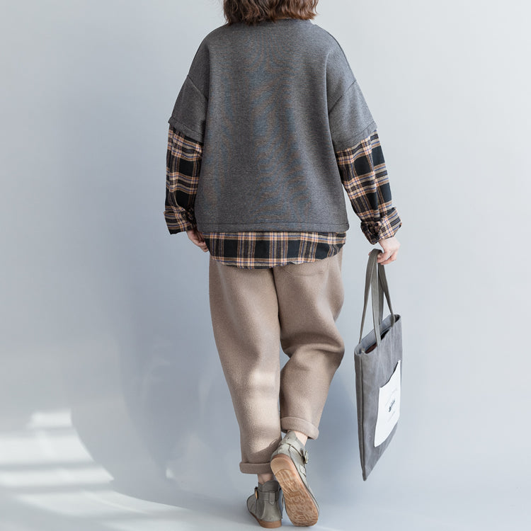 Handgemachte Baumwollkleidung Plus Size O-Ausschnitt Patchwork Form graue Baumwolltops