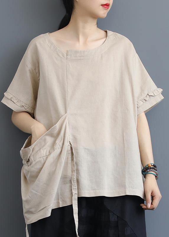 Handmade cotton clothes fine Single Big Pocket Lacing Solid Color T-Shirt - SooLinen