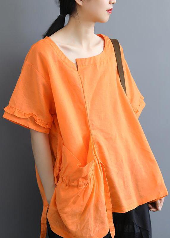 Handmade cotton clothes fine Single Big Pocket Lacing Solid Color T-Shirt - SooLinen