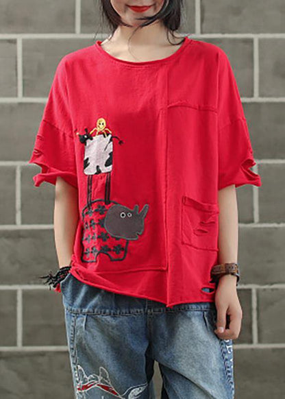 Handmade cotton shirts women Vintage Ripped Hole Embroidery Irregular Casual T-Shirt - SooLinen