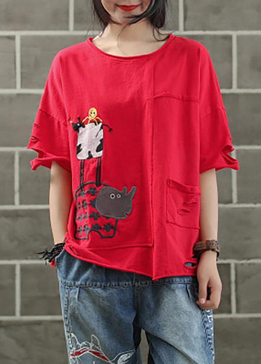 Handmade cotton shirts women Vintage Ripped Hole Embroidery Irregular Casual T-Shirt - SooLinen