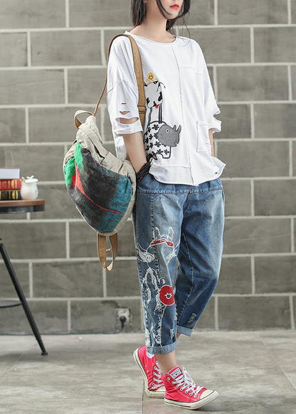 Handmade cotton shirts women Vintage Ripped Hole Embroidery Irregular Casual T-Shirt - SooLinen