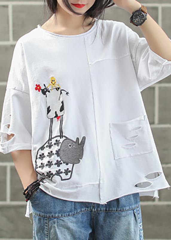 Handmade cotton shirts women Vintage Ripped Hole Embroidery Irregular Casual T-Shirt - SooLinen