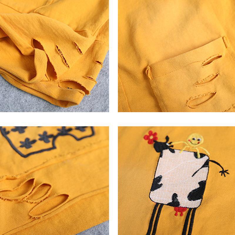 Handmade cotton shirts women Vintage Ripped Hole Embroidery Irregular Casual T-Shirt - SooLinen