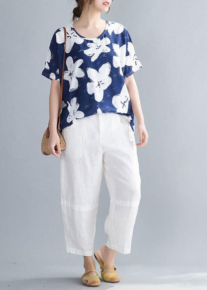 Handmade dark blue print clothes o neck blouses - SooLinen