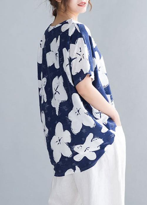 Handmade dark blue print clothes o neck blouses - SooLinen