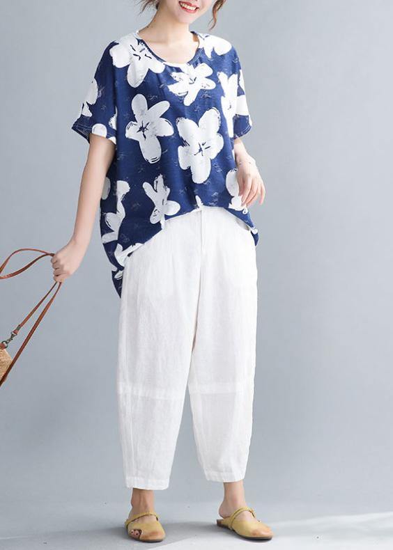 Handmade dark blue print clothes o neck blouses - SooLinen