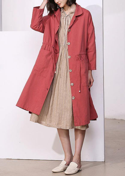 Handmade drawstring Plus Size lapel collar tunic coat red oversized outwear - SooLinen