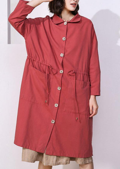 Handmade drawstring Plus Size lapel collar tunic coat red oversized outwear - SooLinen