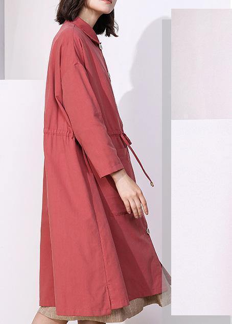 Handmade drawstring Plus Size lapel collar tunic coat red oversized outwear - SooLinen