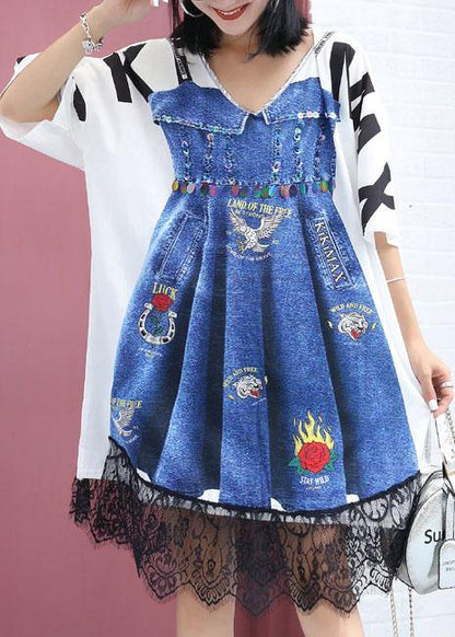 Handmade false two pieces Cotton clothes Women Fashion Ideas white print Dress summer - SooLinen