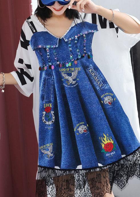 Handmade false two pieces Cotton clothes Women Fashion Ideas white print Dress summer - SooLinen