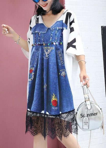 Handmade false two pieces Cotton clothes Women Fashion Ideas white print Dress summer - SooLinen