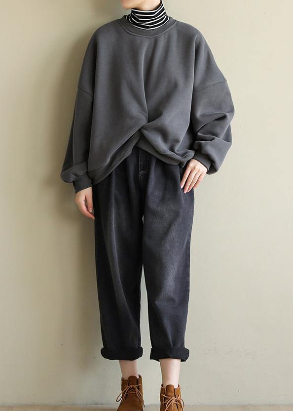 Handmade false two pieces cotton Cinched clothes Tunic Tops gray blouse - SooLinen