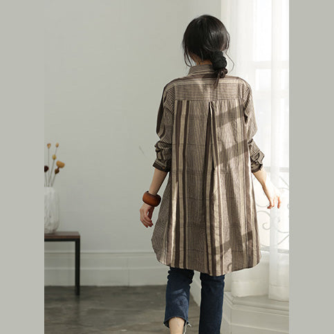 Handgemachte grau schokoladengestreifte Baumwollkleidung für Frauen in Übergrößen Hemden Button Down Kniehemd