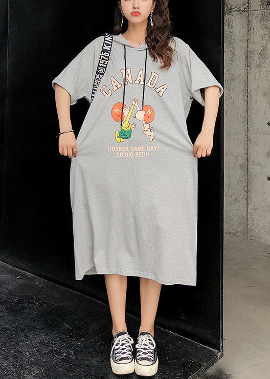 Handgemachtes graues Baumwollkleid mit Rundhalsausschnitt und kurzen Ärmeln, Baumwollroben, Sommerkleider