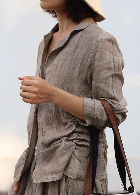 Handmade gray linen tunic pattern Cinched Knee fall blouse - SooLinen