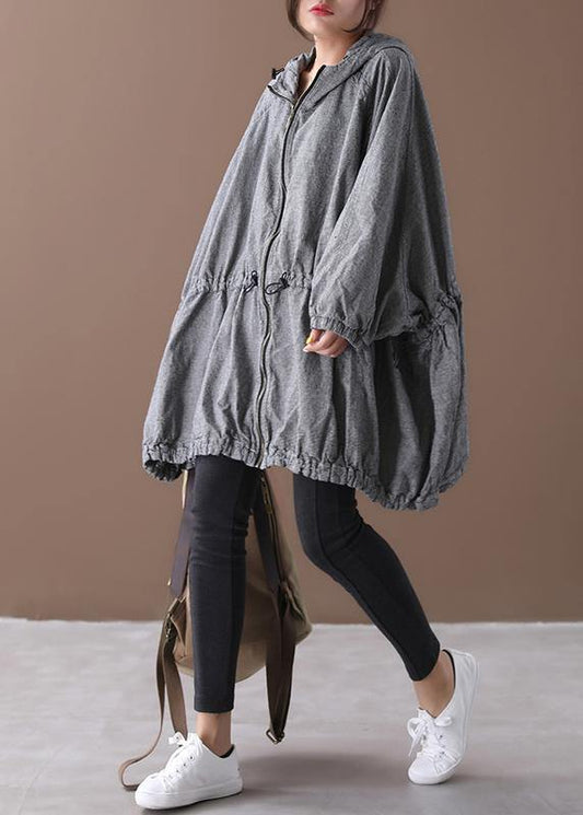 Handmade gray plaid Fashion coat Inspiration hooded drawstring coats - SooLinen