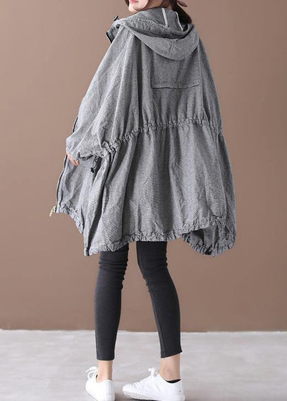 Handmade gray plaid Fashion coat Inspiration hooded drawstring coats - SooLinen