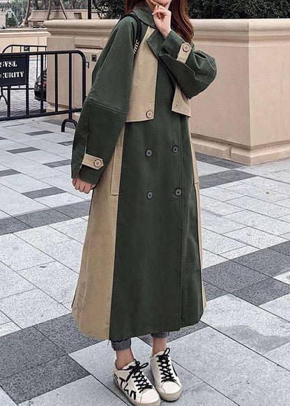 Handmade green Fine outwear Cotton double breast patchwork coat - SooLinen