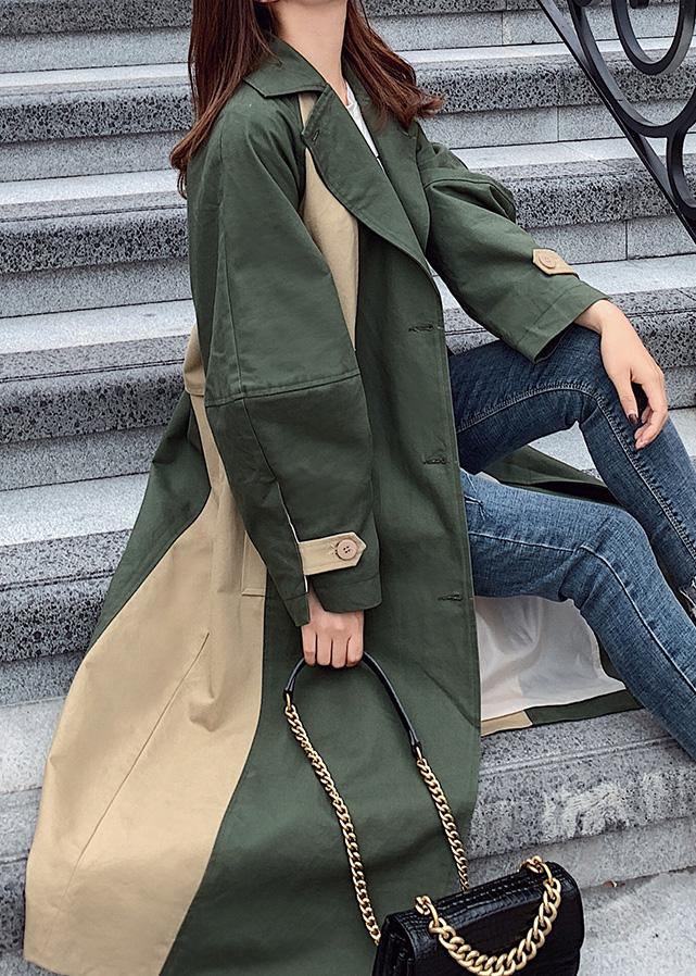 Handmade green Fine outwear Cotton double breast patchwork coat - SooLinen