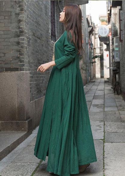 Handmade green cotton dresses long sleeve Maxi summer Dresses - SooLinen