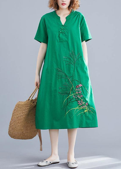 Handmade green embroidery linen Robes Chinese Button cotton summer Dresses - SooLinen