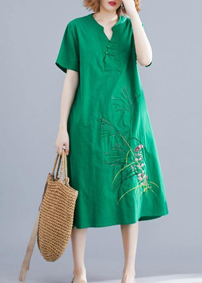 Handmade green embroidery linen Robes Chinese Button cotton summer Dresses - SooLinen