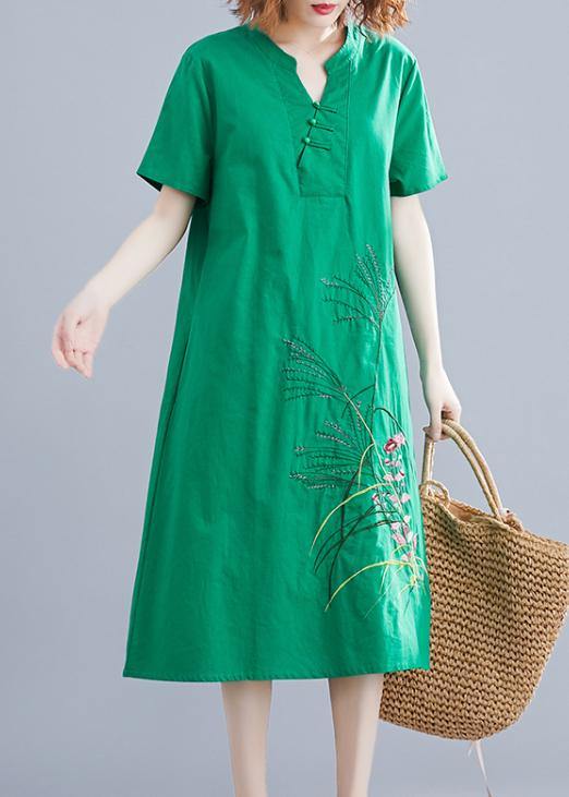 Handmade green embroidery linen Robes Chinese Button cotton summer Dresses - SooLinen