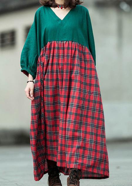 Handmade green patchwork Plaid cotton quilting dresses v neck lantern sleeve cotton robes summer Dress - SooLinen