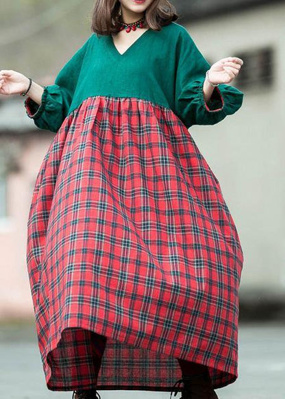 Handmade green patchwork Plaid cotton quilting dresses v neck lantern sleeve cotton robes summer Dress - SooLinen