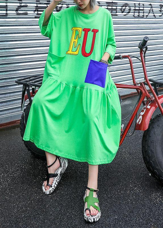 Handmade green print cotton Wardrobes o neck pockets long summer Dress - SooLinen