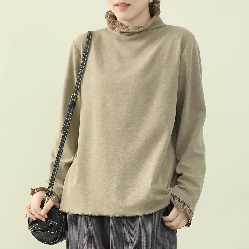 Handmade high neck patchwork lace clothes khaki green blouse - SooLinen