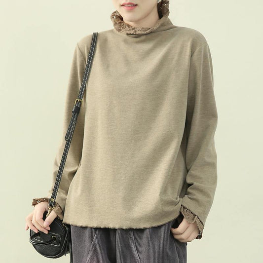 Handmade high neck patchwork lace clothes khaki green blouse - SooLinen
