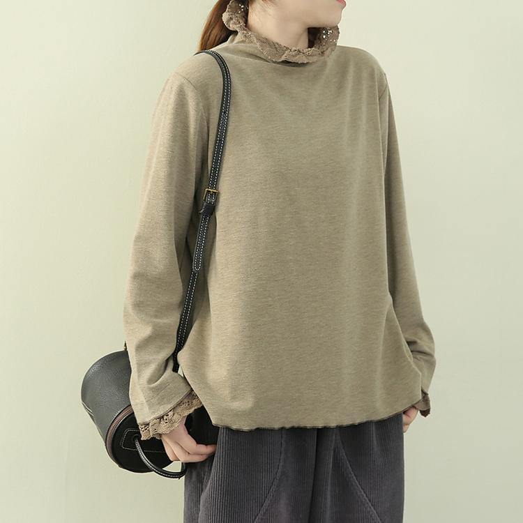 Handmade high neck patchwork lace clothes khaki green blouse - SooLinen