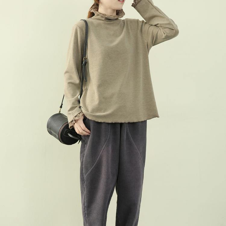 Handmade high neck patchwork lace clothes khaki green blouse - SooLinen