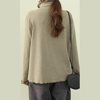 Handmade high neck patchwork lace clothes khaki green blouse - SooLinen