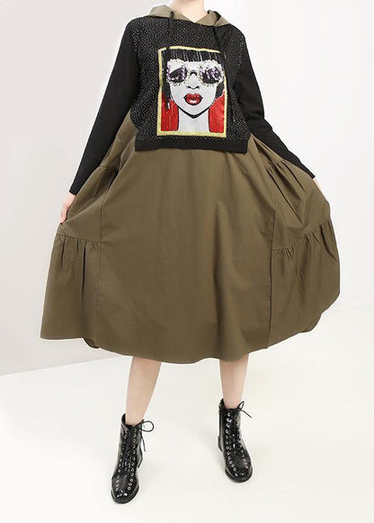 Handmade hooded cotton prints tunic dress fall Work green patchwork Art Dress - SooLinen