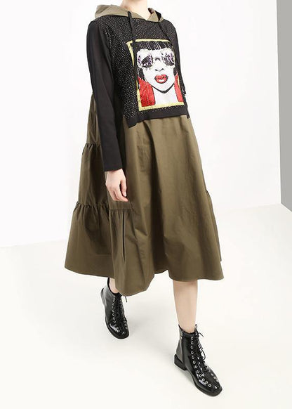 Handmade hooded cotton prints tunic dress fall Work green patchwork Art Dress - SooLinen