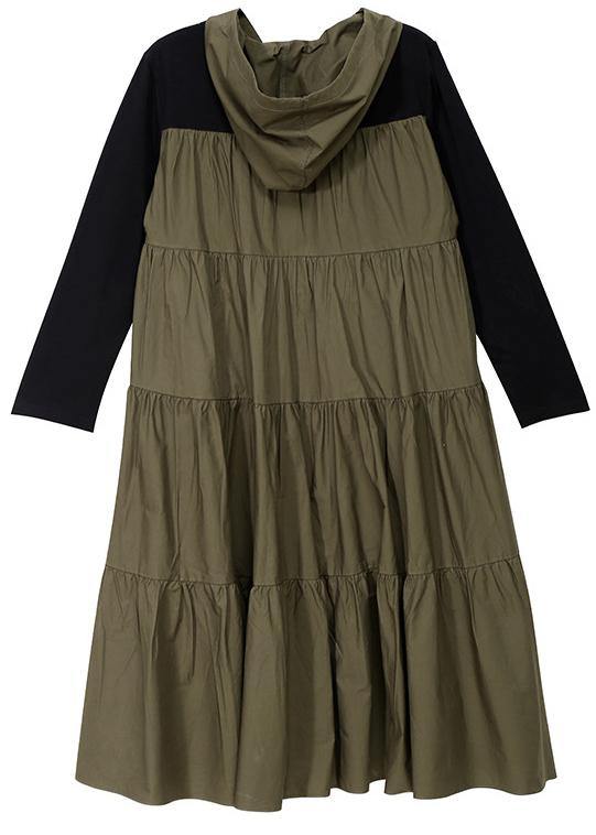 Handmade hooded cotton prints tunic dress fall Work green patchwork Art Dress - SooLinen