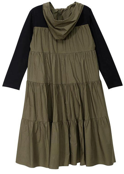 Handmade hooded cotton prints tunic dress fall Work green patchwork Art Dress - SooLinen