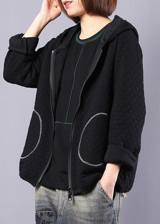 Handmade hooded cotton tops for women Photography black short coat fall - SooLinen