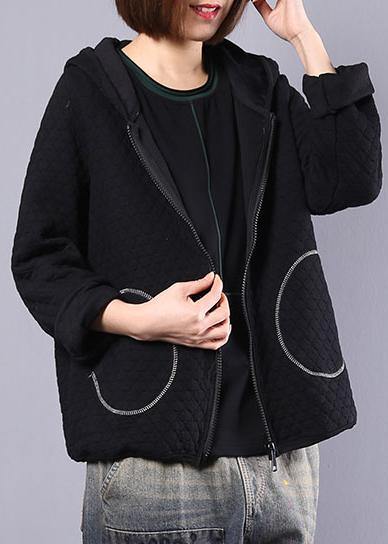 Handmade hooded cotton tops for women Photography black short coat fall - SooLinen