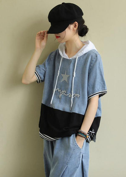 Handmade hooded patchwork cotton blouses for women Shape black tops - SooLinen