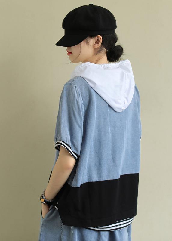 Handmade hooded patchwork cotton blouses for women Shape black tops - SooLinen