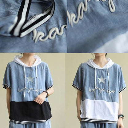 Handmade hooded patchwork cotton blouses for women Shape black tops - SooLinen