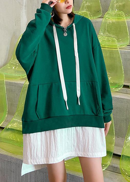 Handmade hooded patchwork quilting clothes Outfits green Dress - SooLinen