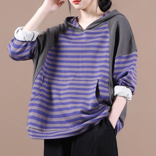 Handmade hooded patchwork shirts women Work purple striped shirt - SooLinen